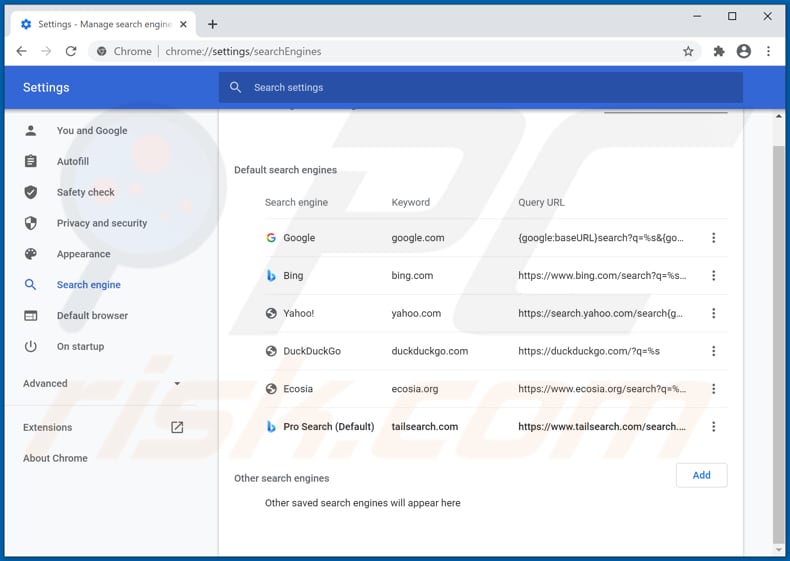 Eliminando tailsearch.com del motor de búsqueda predeterminado de Google Chrome