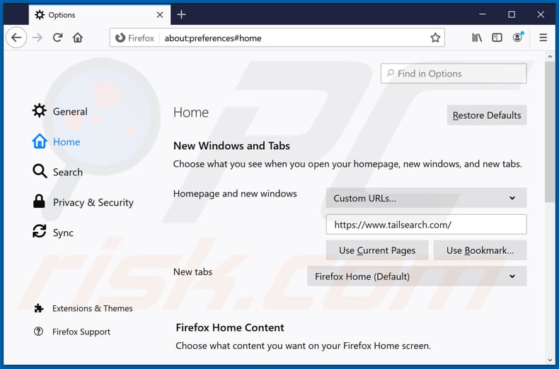 Eliminando tailsearch.com de la página de inicio de Mozilla Firefox