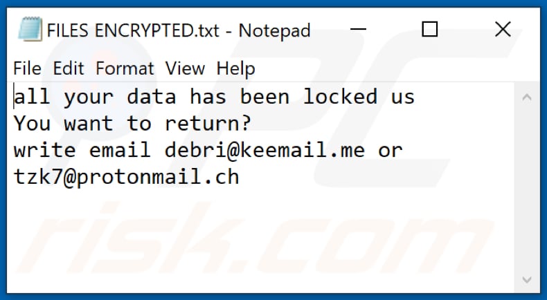 Archivo de texto del ransomware RXD (FILES ENCRYPTED.txt)