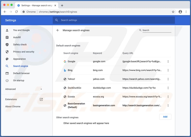 Search.basicgeneration.com en la configuración de Chrome como motor de búsqueda predeterminado
