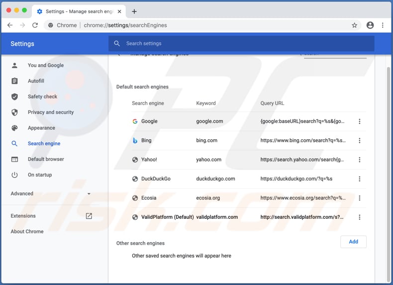 Search.validplatform.com en la configuración de Chrome