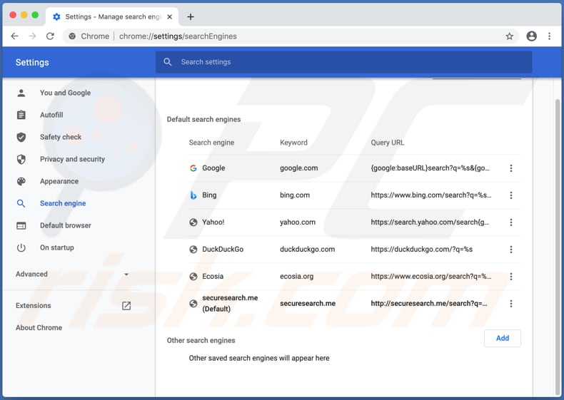 Securesearch.me en la configuración de Chrome