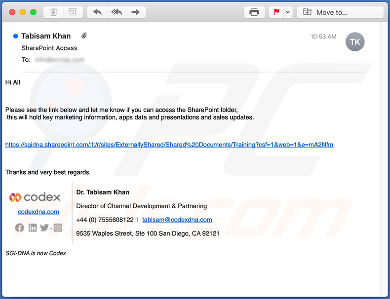 Correo electrónico no deseado con temática de SharePoint que promociona un sitio web de phishing (2020-11-25)