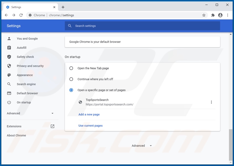 Eliminando topsportssearch.com de la página de inicio de Google Chrome