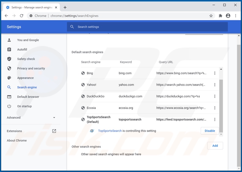 Eliminando topsportssearch.com del motor de búsqueda predeterminado de Google Chrome