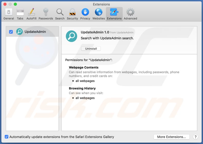 Extensión de Safari del adware UpdateAdmin