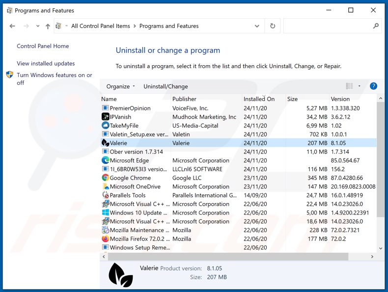 Desinstalar el adware Valerie a través del Panel de Control