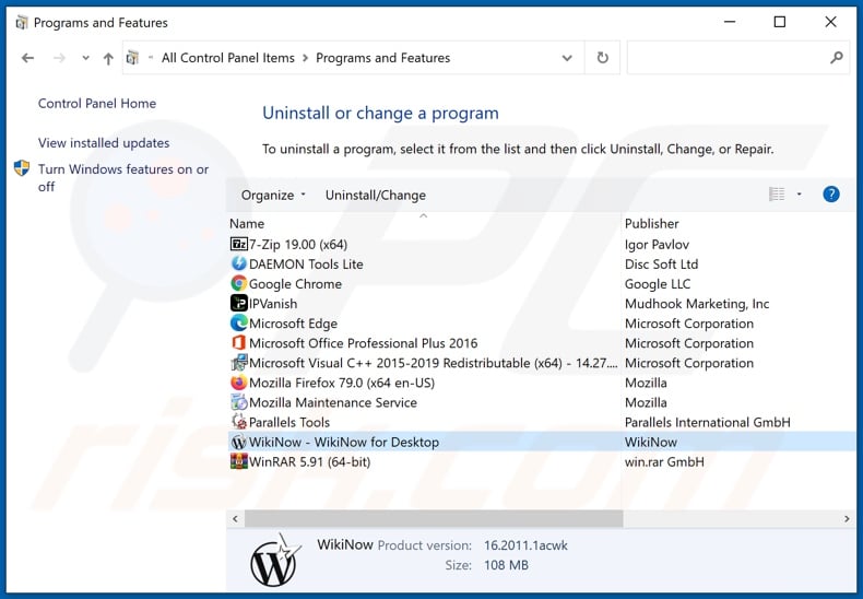 Desinstalar el adware WikiNow a través del Panel de Control