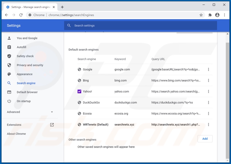 Eliminar searchnets.xyz del motor de búsqueda predeterminado de Google Chrome