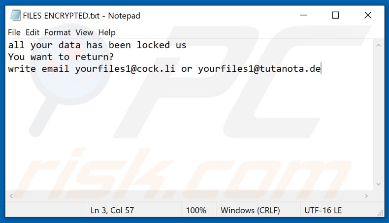 Archivo de texto del ransomware YOUF (FILES ENCRYPTED.txt)