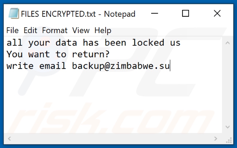Archivo de texto del ransomware Zimba (FILES ENCRYPTED.txt)