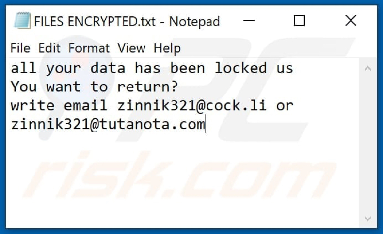 Archivo de texto del ransomware ZIN (FILES ENCRYPTED.txt)