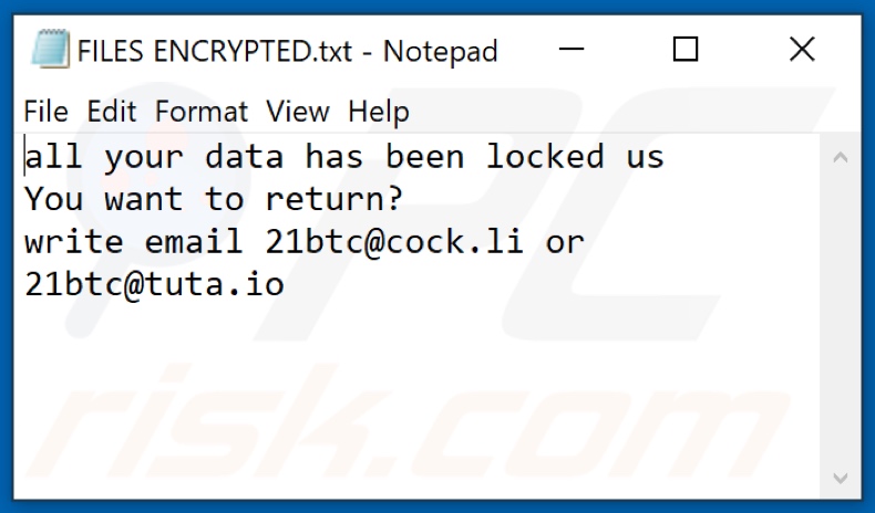 Archivo de texto del ransomware 21btc (FILES ENCRYPTED.txt)