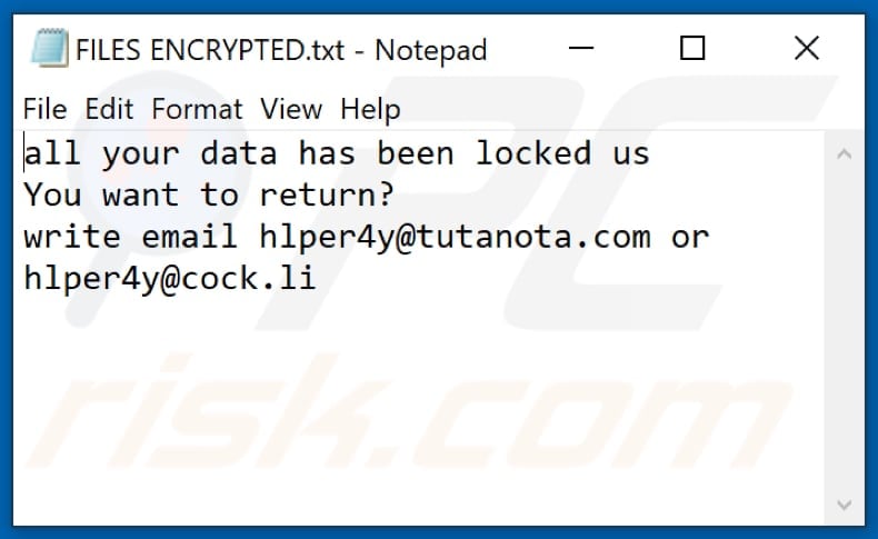 Archivo de texto del ransomware 4help (FILES ENCRYPTED.txt)