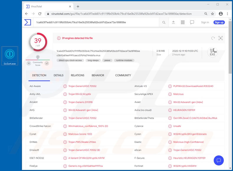 Detecciones del adware Adrozek en VirusTotal
