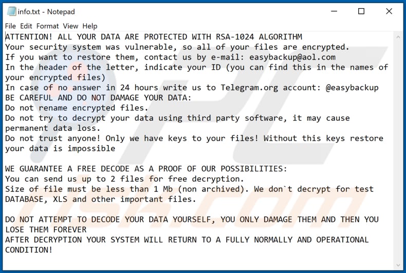 Archivo de texto del ransomware Easy (info.txt)