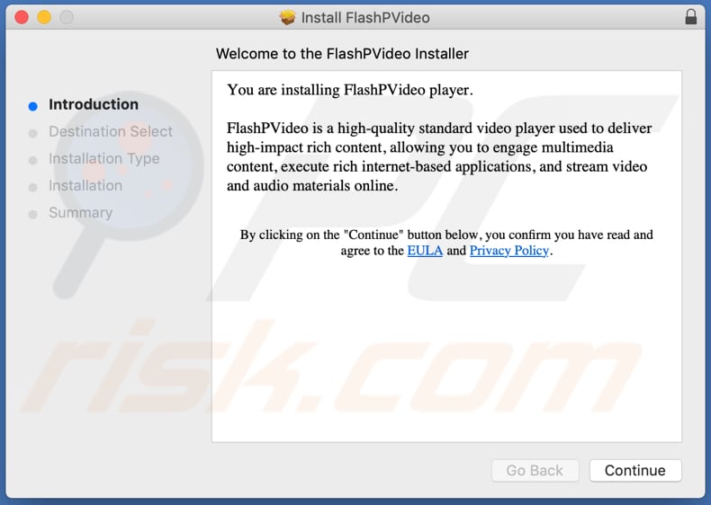 Instalador engañoso utilizado para promocionar el adware FlashPVideo