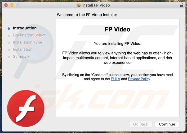 Instalador engañoso utilizado para promocionar el adware FPVideo