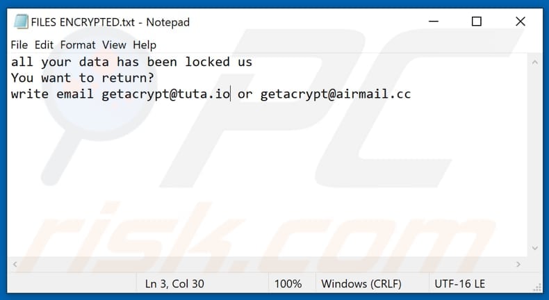 Archivo de texto del ransomware Gac (FILES ENCRYPTED.txt)