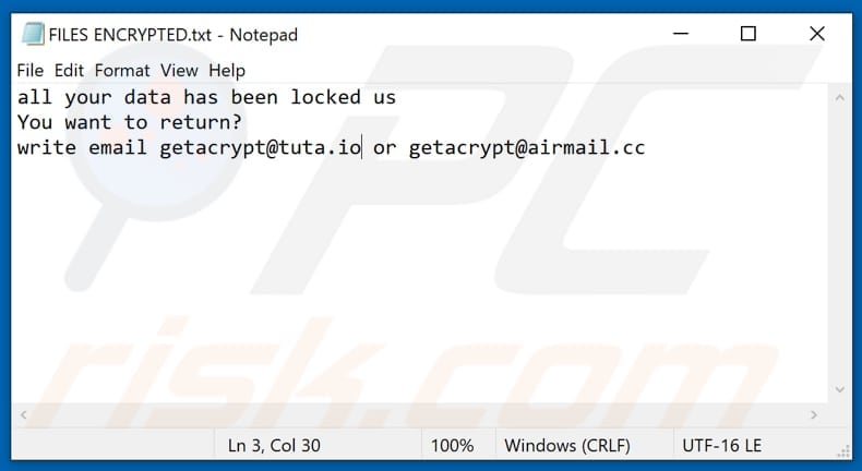 Archivo de texto del ransomware Gac (FILES ENCRYPTED.txt)
