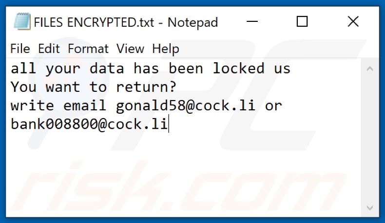 Archivo de texto del ransomware GLB (FILES ENCRYPTED.txt)