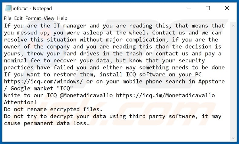 Archivo de texto del ransomware MONETA (info.txt)