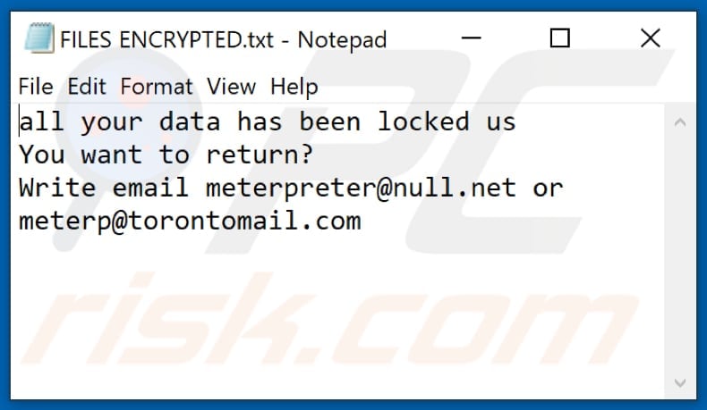 Archivo de texto del ransomware Mpr (FILES ENCRYPTED.txt)
