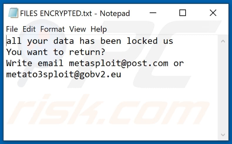 Archivo de texto del ransomware Msf (FILES ENCRYPTED.txt)