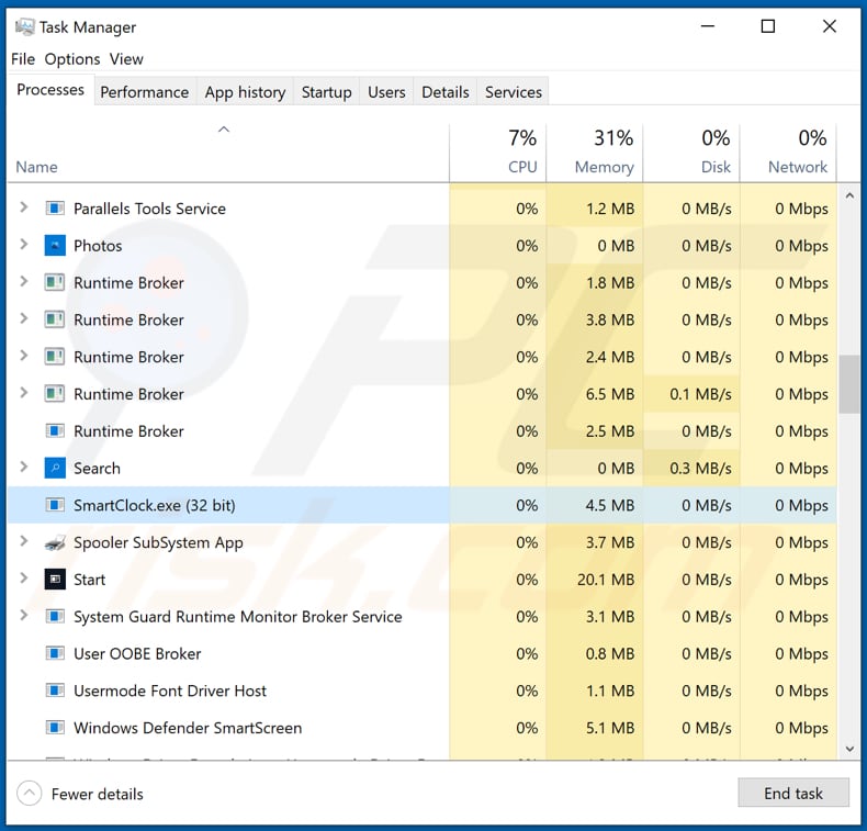 Proceso malicioso smartclock.exe del spyware en el Administrador de Tareas