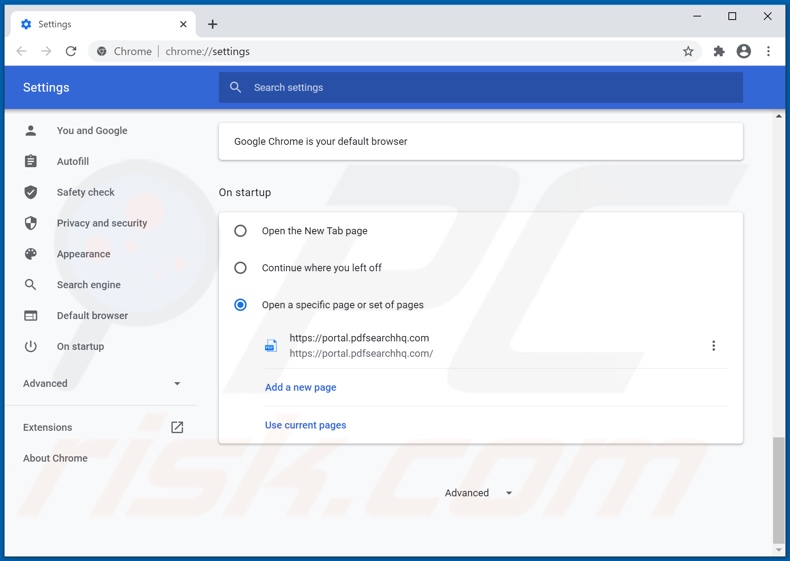 Eliminando pdfsearchhq.com de la página de inicio de Google Chrome