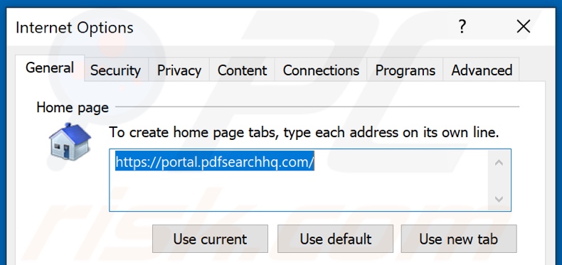 Eliminando pdfsearchhq.com de la página de inicio de Internet Explorer