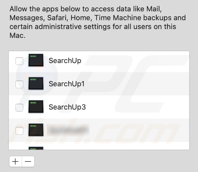 El adware SearchUp solicita permiso para el acceso completo al disco