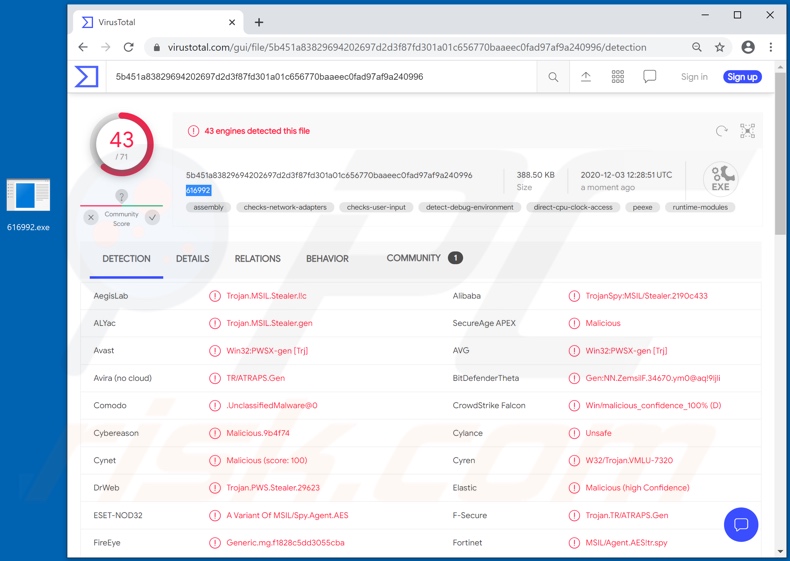 Detecciones de malware Snake en VirusTotal