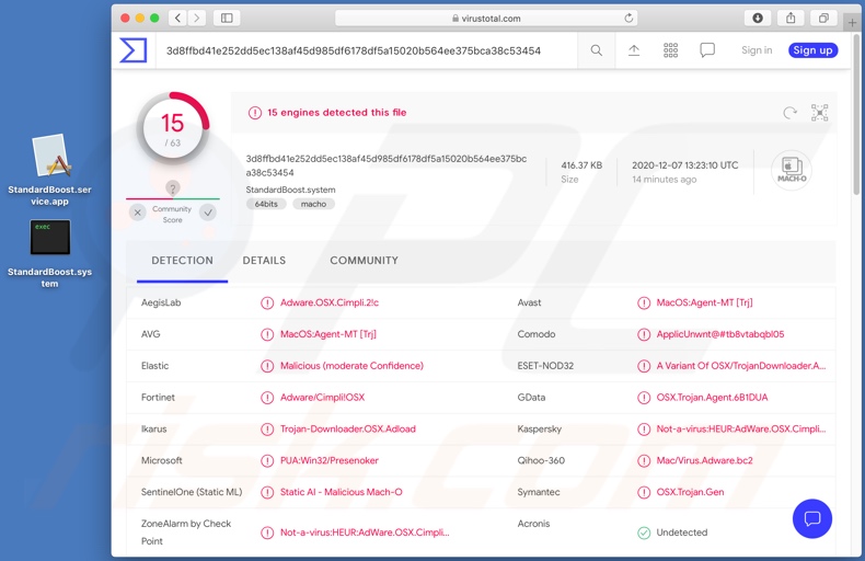 Detecciones del adware StandardBoost en VirusTotal