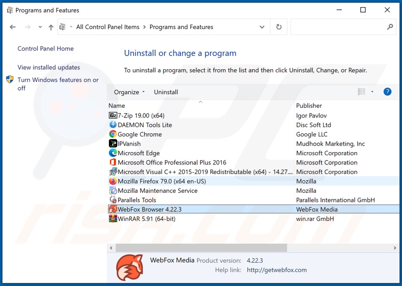 Desinstalar el adware WebFox a través del Panel de Control