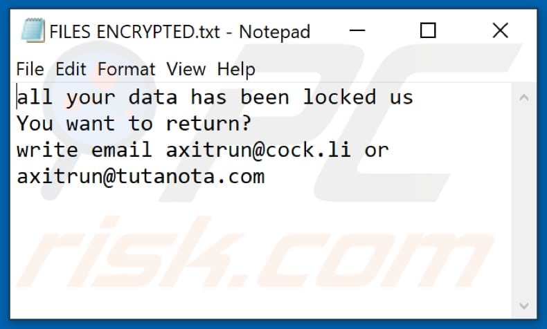 Archivo de texto del ransomware 14x (FILES ENCRYPTED.txt)