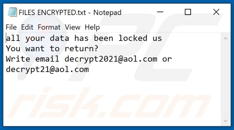 Archivo de texto del ransomware 2021 (FILES ENCRYPTED.txt)