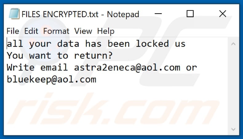 Archivo de texto del ransomware Aol (FILES ENCRYPTED.txt)