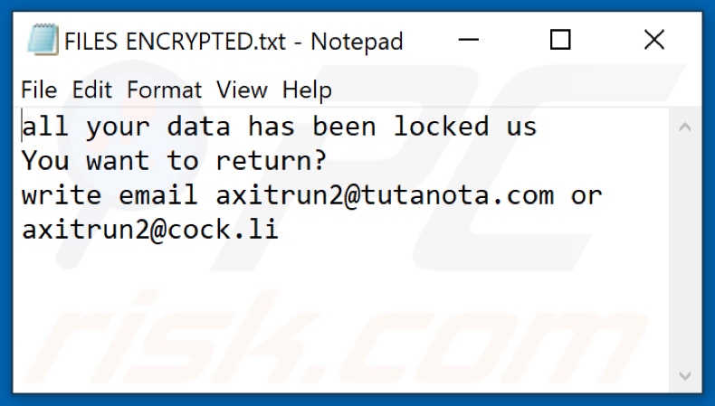 Archivo de texto del ransomware AXI (FILES ENCRYPTED.txt)