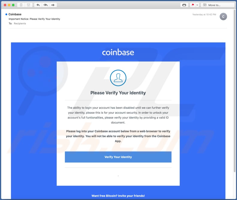 Estafa Coinbase de campaña de email no deseado