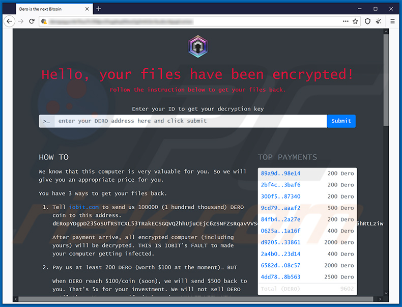Sitio web en Tor del ransomware DeroHE Tor