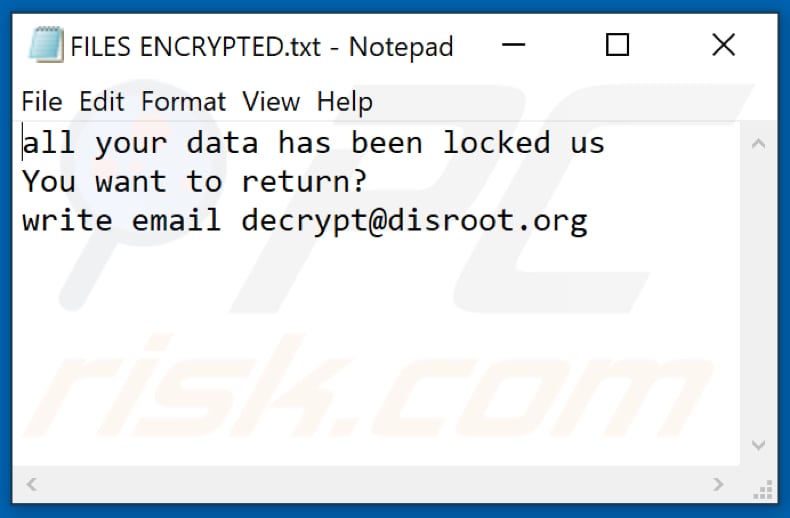 Archivo de texto del ransomware Dis (FILES ENCRYPTED.txt)