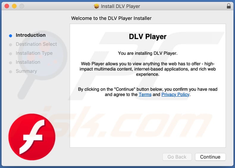 Instalador engañoso utilizado para promocionar el adware DLVPlayer