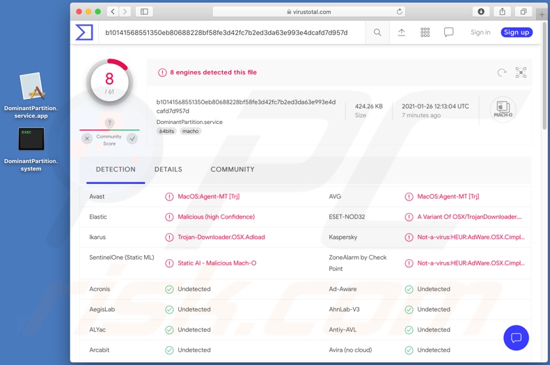 Detecciones de adware DominantPartition en VirusTotal