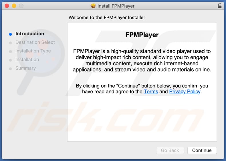 Instalador engañoso utilizado para promocionar el adware FPMPlayer