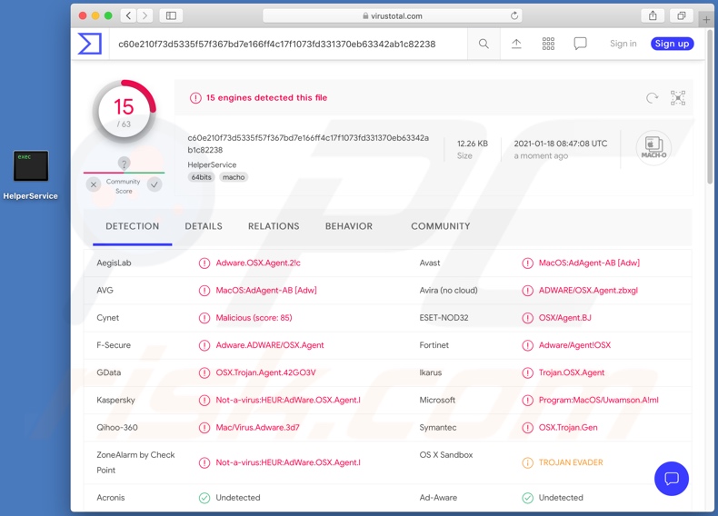 Detecciones del adware HelperService en VirusTotal