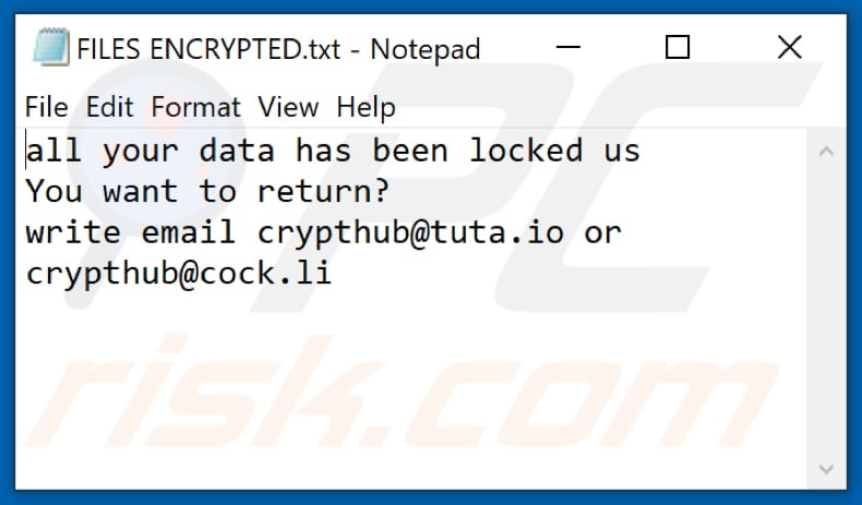 Archivo de texto del ransomware Hub (FILES ENCRYPTED.txt)