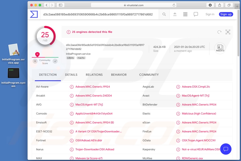 Detecciones de adware InitialProgram en VirusTotal