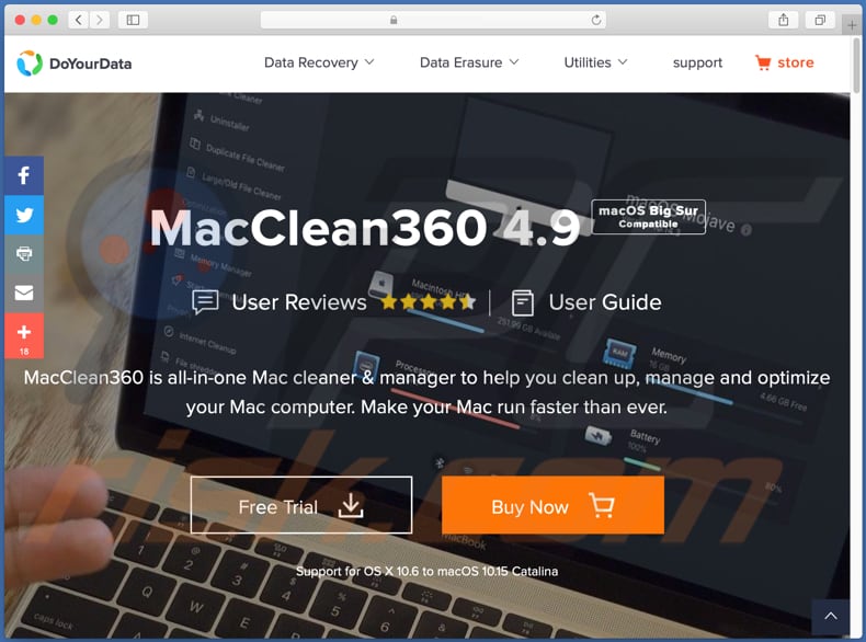 Sitio web utilizado para promover la PUA MacClean360 