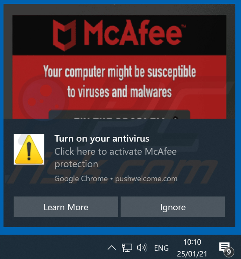 Notificación del navegador que promueve la estafa de suscripción de McAfee